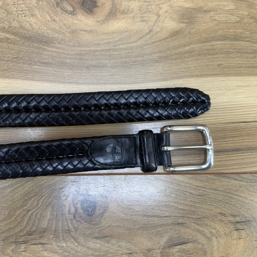 Fossil Mens Belt Size 34/85 Black Leather Woven Weave Business Casual